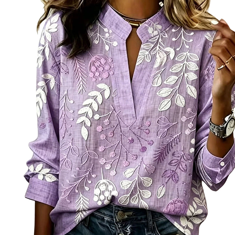 👚 Women's Printed V-Neck Long Sleeve Pullover Casual Top – Easy Style, Everyday Comfort