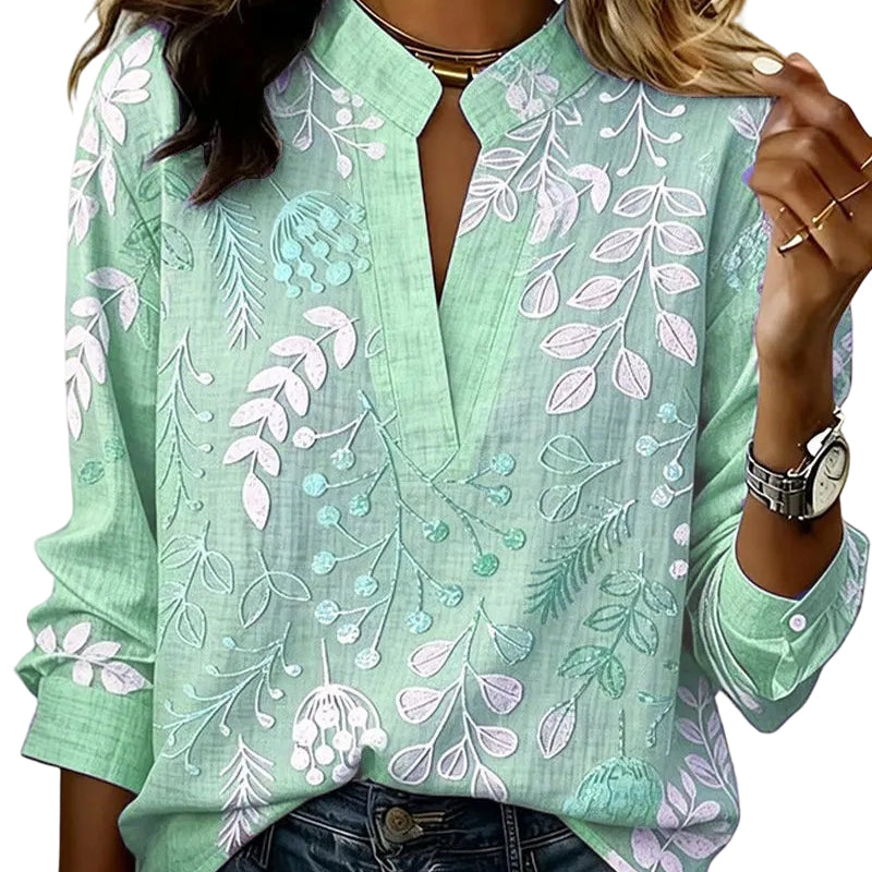 👚 Women's Printed V-Neck Long Sleeve Pullover Casual Top – Easy Style, Everyday Comfort