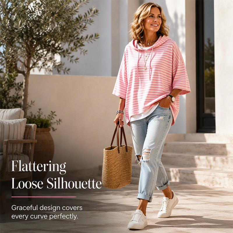👚Women Loose Striped Hooded Pullover Casual 3/4 Sleeve Hoodie – Effortless Comfort for Everyday Style