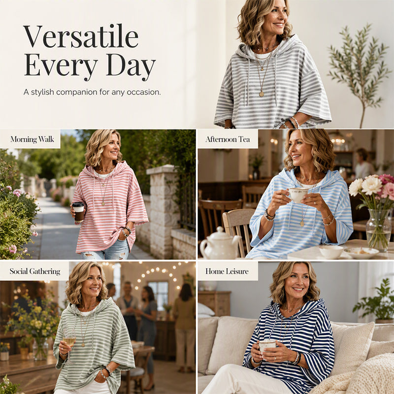 👚Women Loose Striped Hooded Pullover Casual 3/4 Sleeve Hoodie – Effortless Comfort for Everyday Style