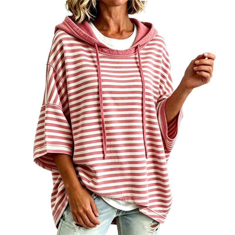 👚Women Loose Striped Hooded Pullover Casual 3/4 Sleeve Hoodie – Effortless Comfort for Everyday Style