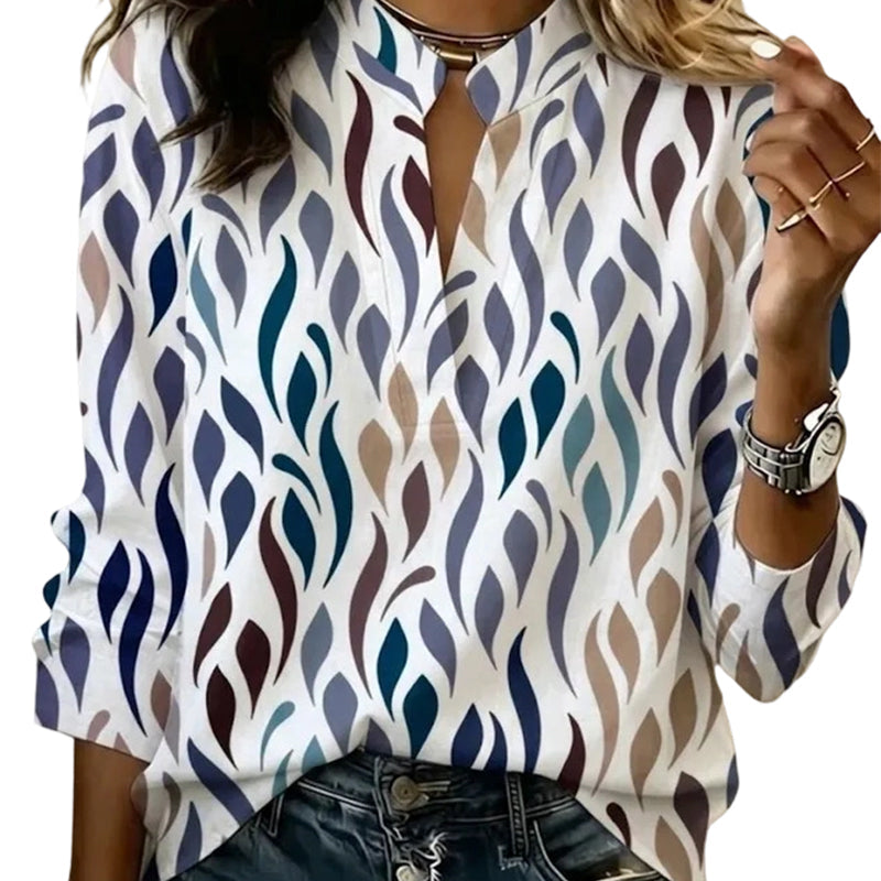 👚 Women's Printed V-Neck Long Sleeve Pullover Casual Top – Easy Style, Everyday Comfort