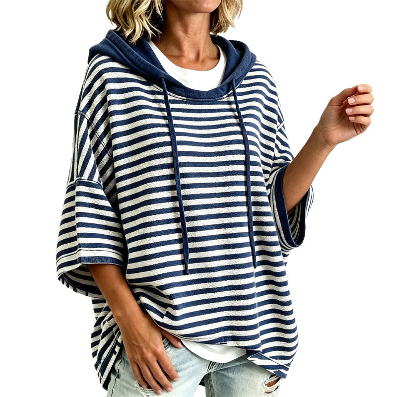 👚Women Loose Striped Hooded Pullover Casual 3/4 Sleeve Hoodie – Effortless Comfort for Everyday Style