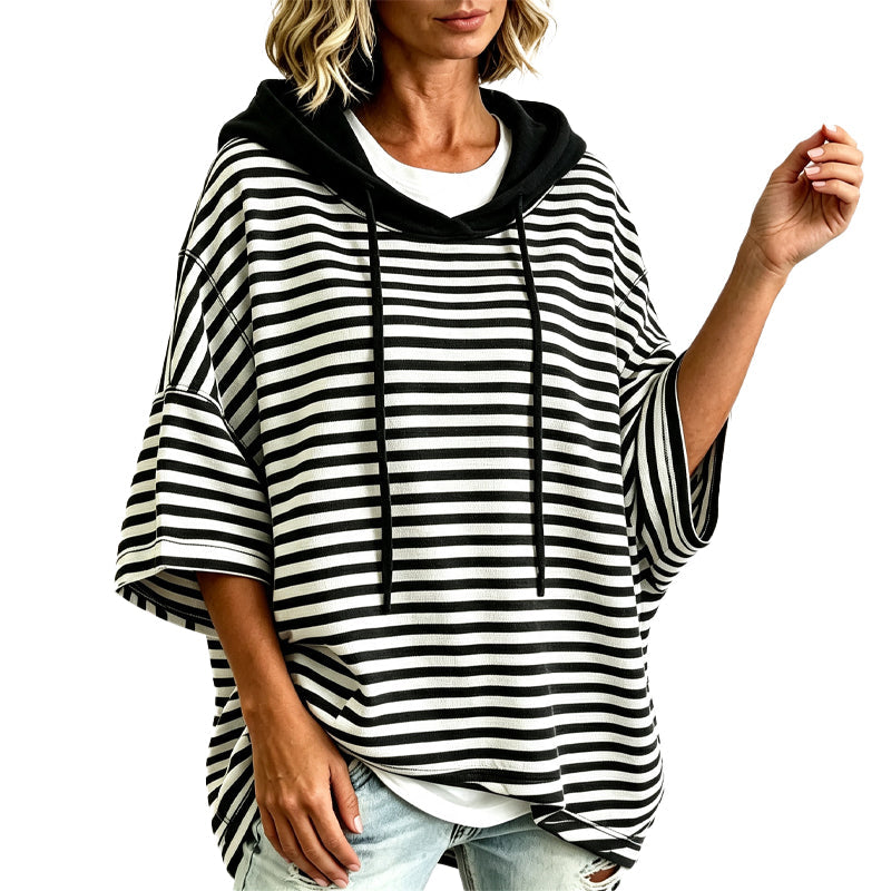 👚Women Loose Striped Hooded Pullover Casual 3/4 Sleeve Hoodie – Effortless Comfort for Everyday Style
