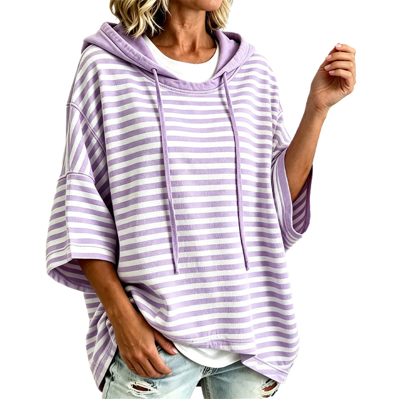 👚Women Loose Striped Hooded Pullover Casual 3/4 Sleeve Hoodie – Effortless Comfort for Everyday Style