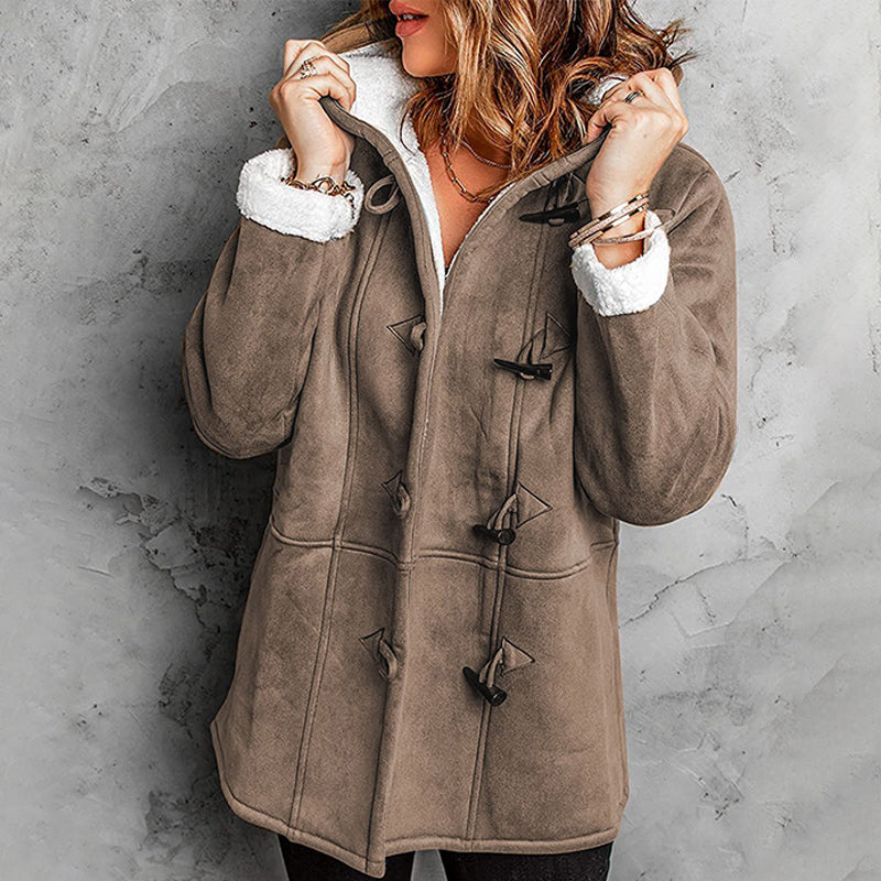 🧥Seasonal Style - Double-Breasted Hooded Coat – Soft Suede Outer & Warm Lining for Commute or Outdoor Wear