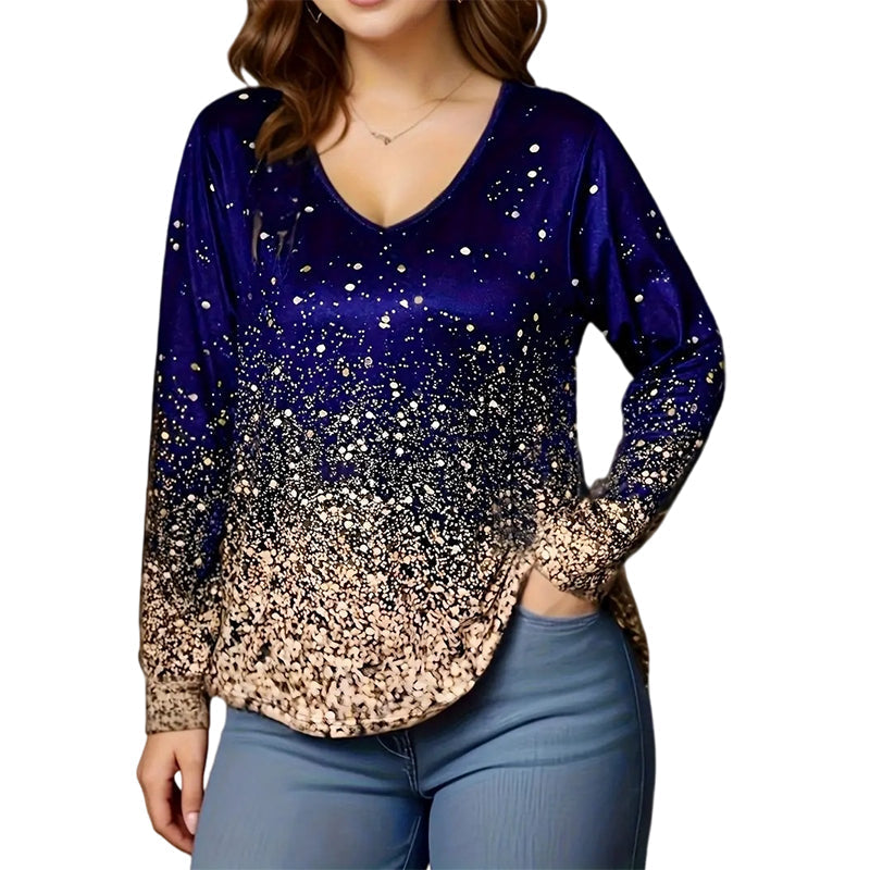 Women's V-Neck Gradient Print Long Sleeve Shirt