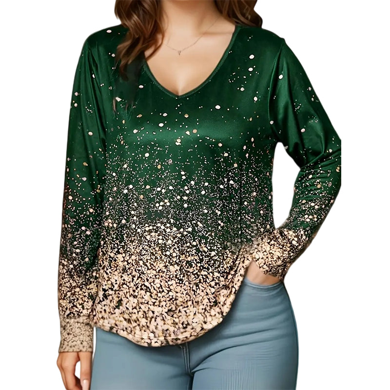 Women's V-Neck Gradient Print Long Sleeve Shirt