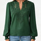 Women V Neck Lace Blouse Long Sleeve Swiss Dot Casual T Shirts Top