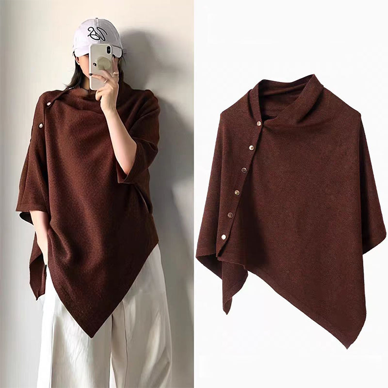 Women's Cozy Asymmetrical Poncho with Button Details
