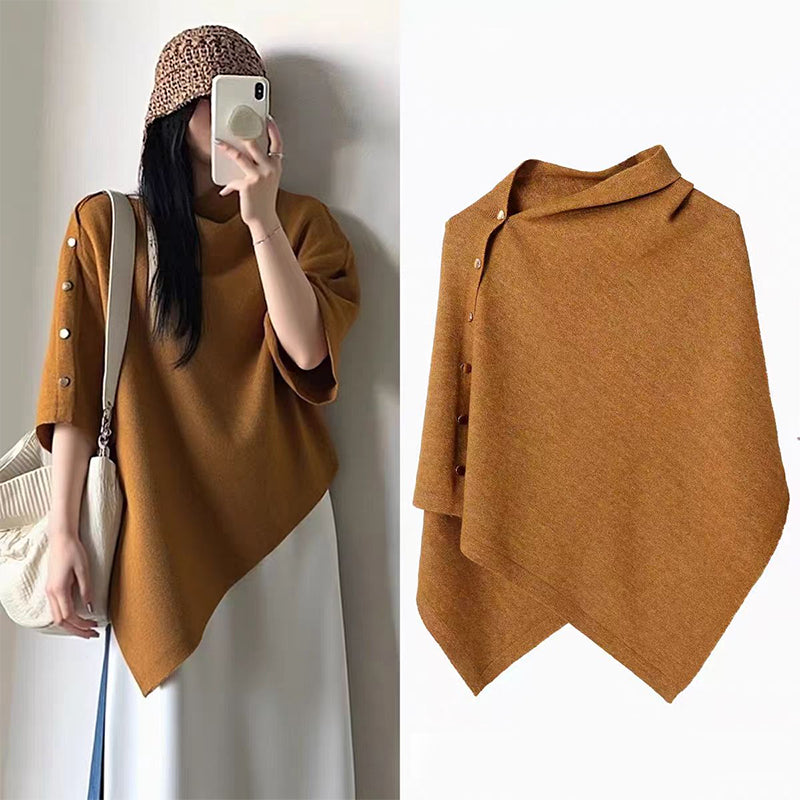 Women's Cozy Asymmetrical Poncho with Button Details