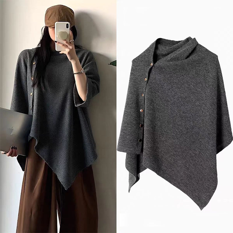 Women's Cozy Asymmetrical Poncho with Button Details