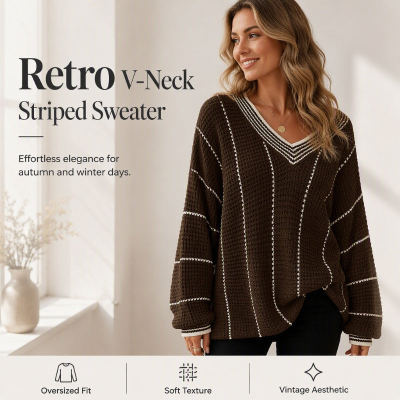 Women's Loose Casual V-Neck Striped Sweater