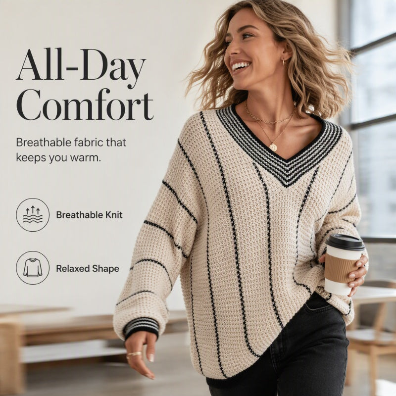 Women's Loose Casual V-Neck Striped Sweater