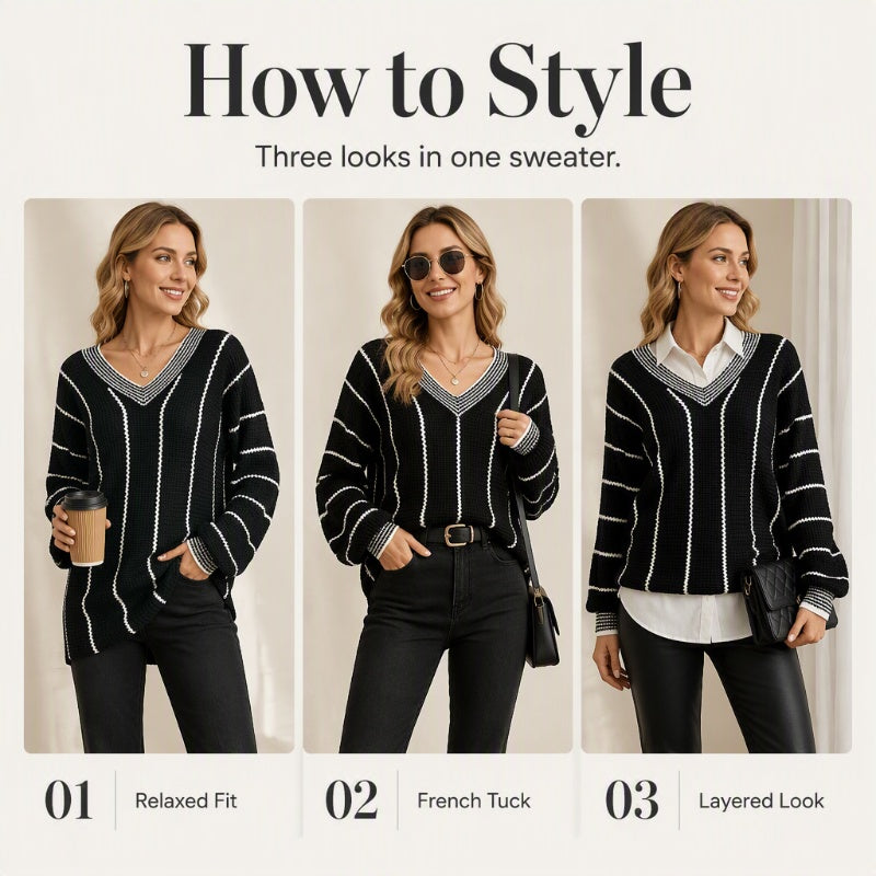 Women's Loose Casual V-Neck Striped Sweater
