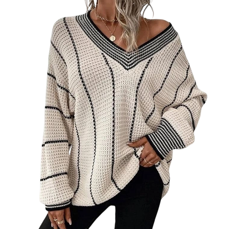 Women's Loose Casual V-Neck Striped Sweater
