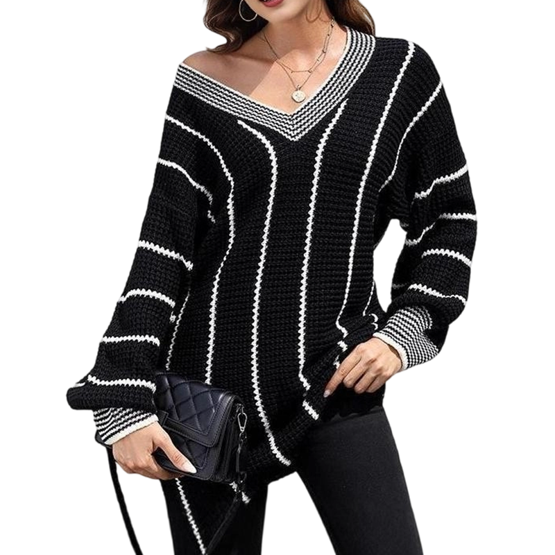 Women's Loose Casual V-Neck Striped Sweater