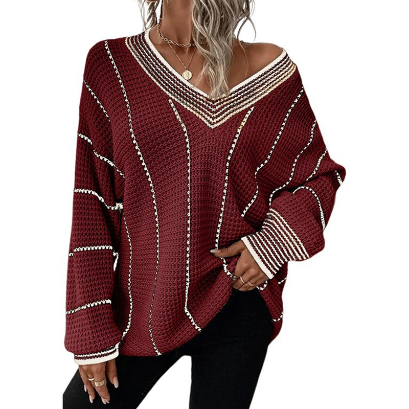 Women's Loose Casual V-Neck Striped Sweater