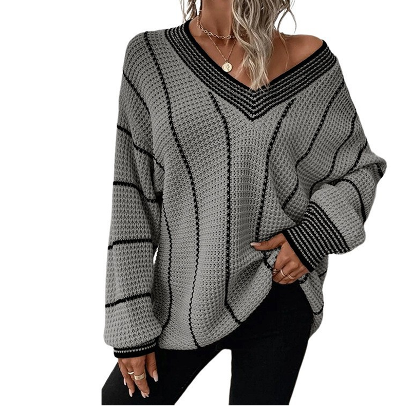 Women's Loose Casual V-Neck Striped Sweater