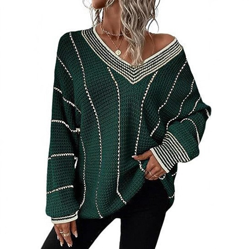 Women's Loose Casual V-Neck Striped Sweater