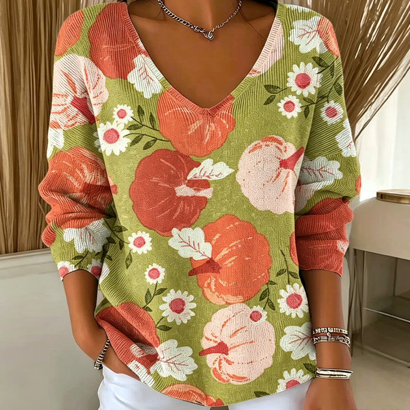 Women's Casual Printed V-Neck Knit Top