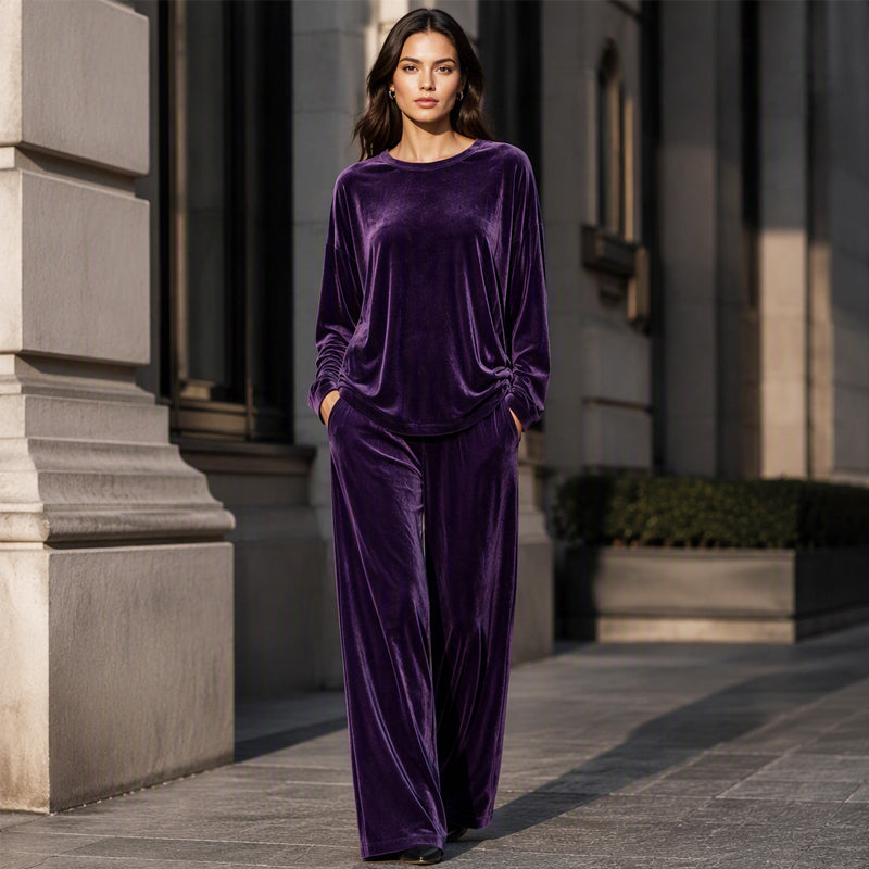 Women's Velvet Long Sleeve Top & Wide-Leg Pants Set