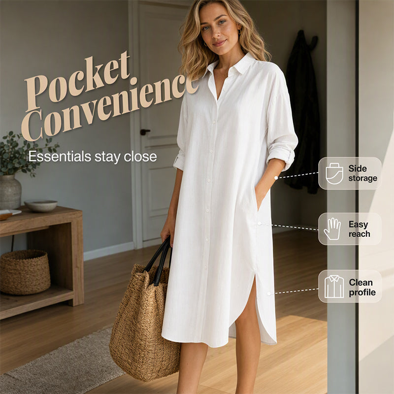 Women Loose Cotton Linen Shirt Dress with Pockets
