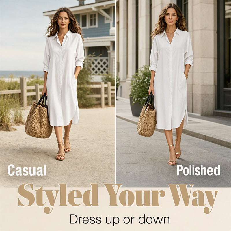 Women Loose Cotton Linen Shirt Dress with Pockets
