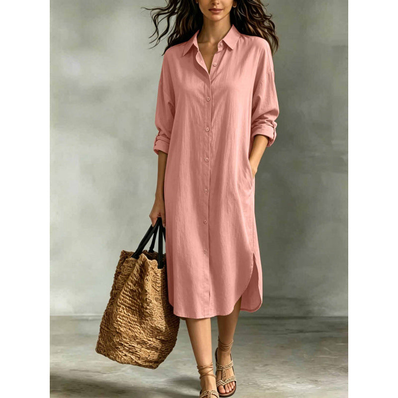 Women Loose Cotton Linen Shirt Dress with Pockets