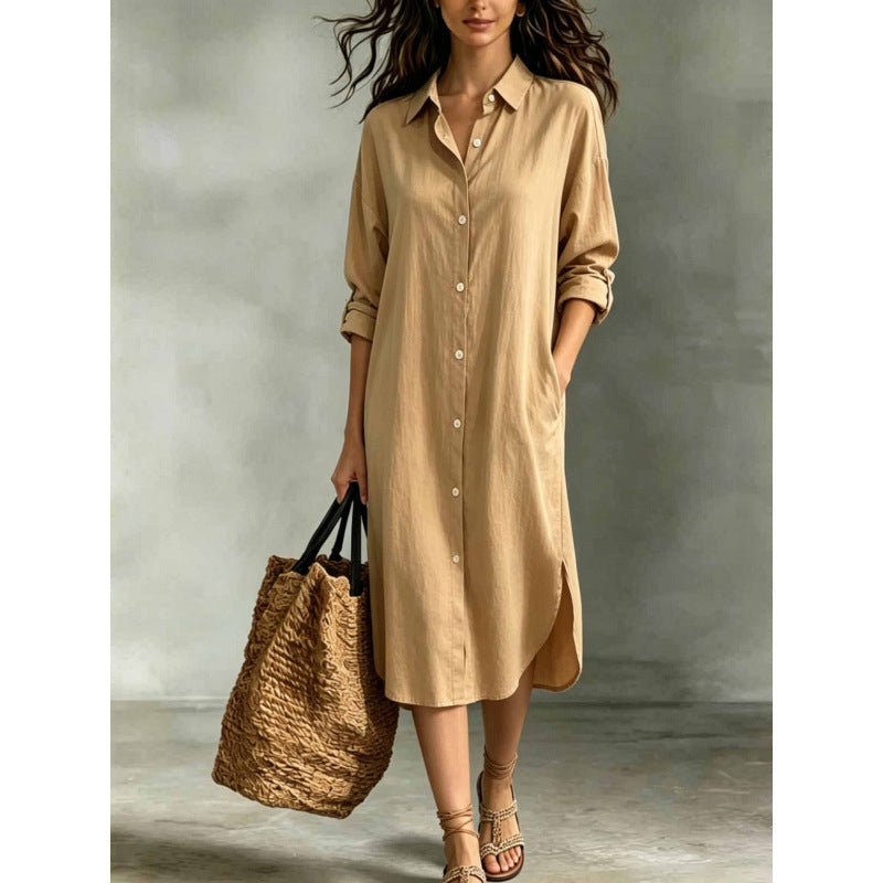 Women Loose Cotton Linen Shirt Dress with Pockets