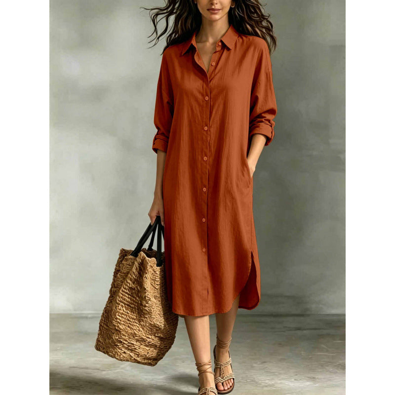 Women Loose Cotton Linen Shirt Dress with Pockets