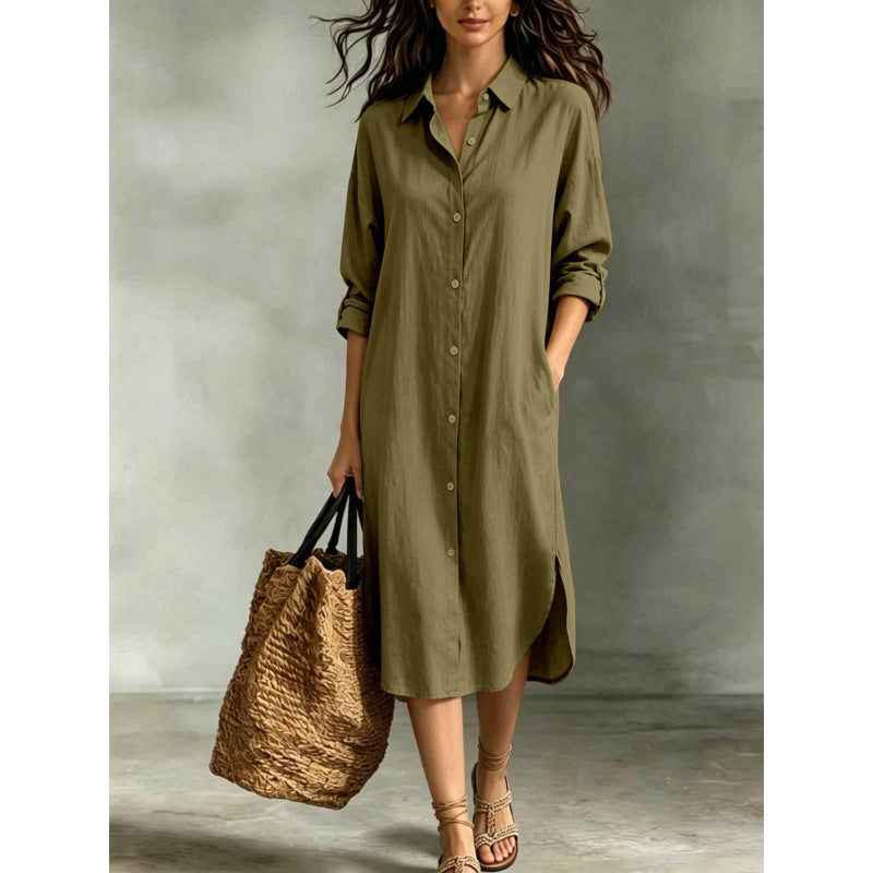 Women Loose Cotton Linen Shirt Dress with Pockets