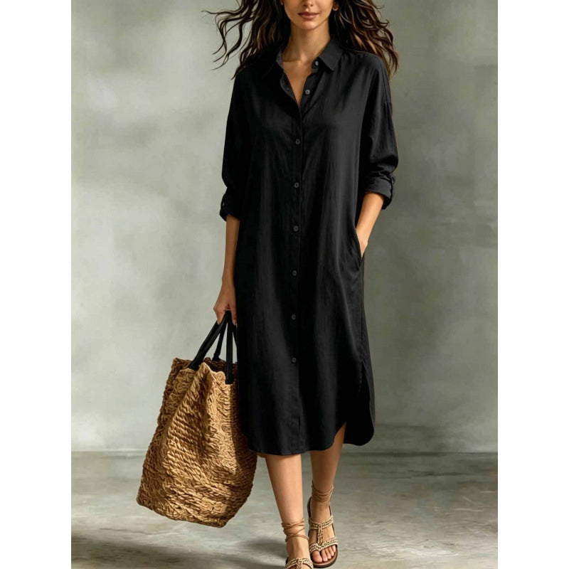 Women Loose Cotton Linen Shirt Dress with Pockets