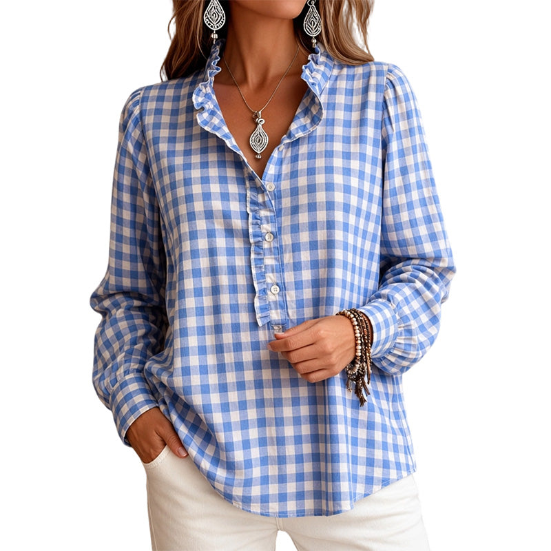 Women's Gingham Ruffle Casual Long Sleeve Shirt