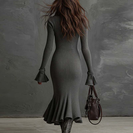 Women's Zipper Lapel Flare Sleeve Knit Fishtail Dress