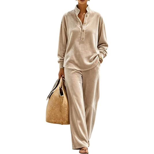 ✨ Luxe Everyday Comfort | Women's Velour Button-Up Top & Wide-Leg Trousers 2-Piece Set