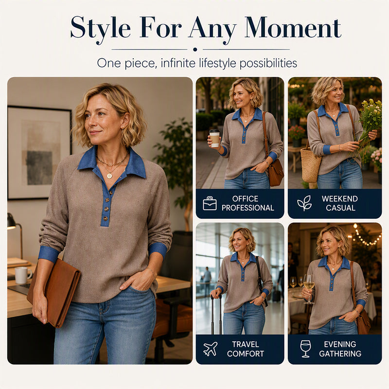 Women's Contrast Denim Collar Knit Top