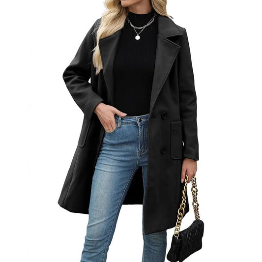 Elegant Black Double-Breasted Coat: Comfortable Fit & Timeless Style