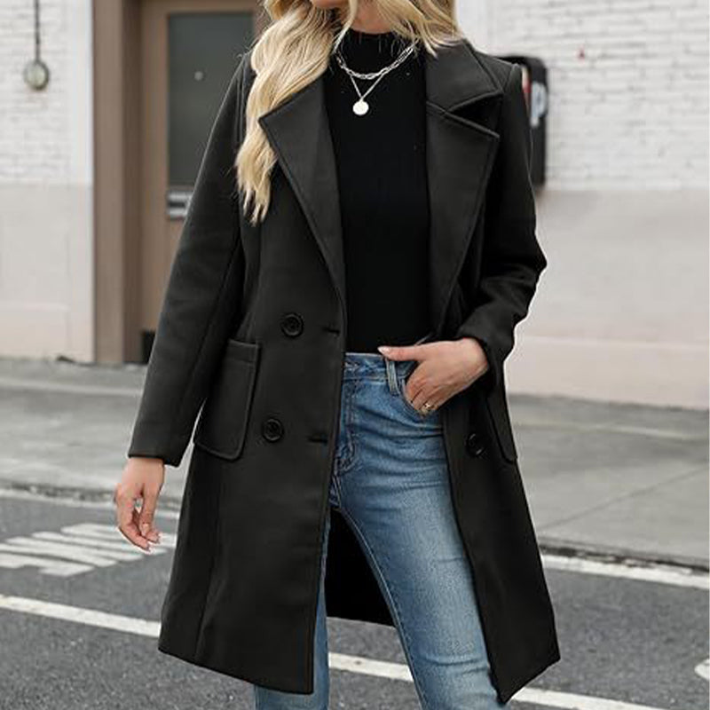 Elegant Black Double-Breasted Coat: Comfortable Fit & Timeless Style