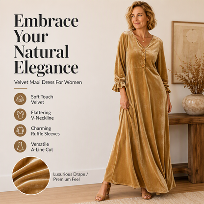 Women's Elegant Velvet Maxi Dress with Ruffle Sleeve