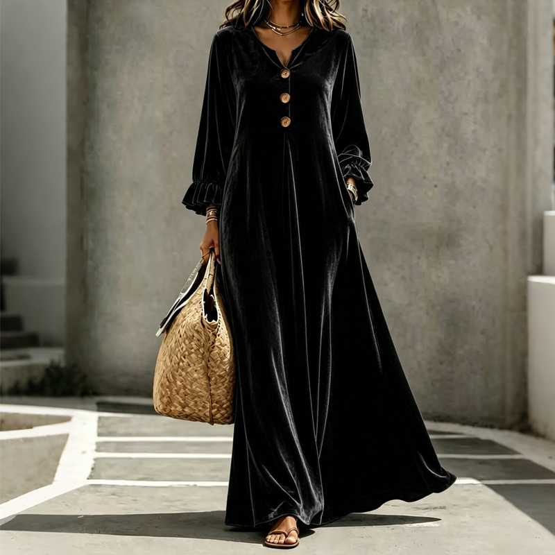 Women's Elegant Velvet Maxi Dress with Ruffle Sleeve