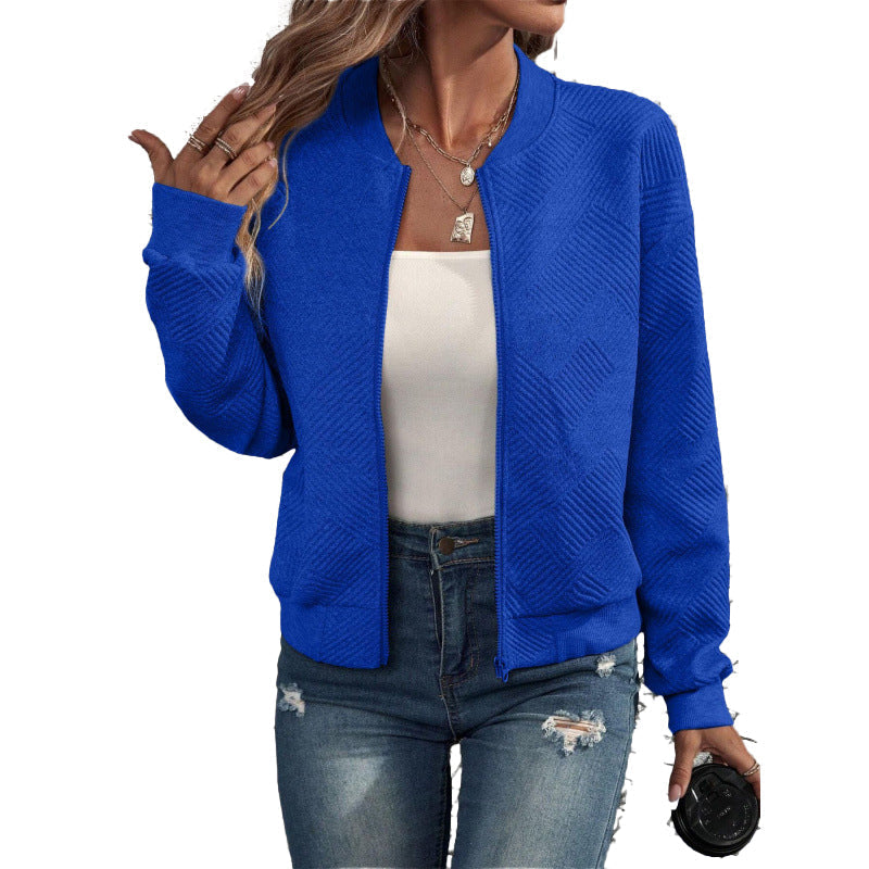 Women's Textured Zipper Baseball Collar Jacket