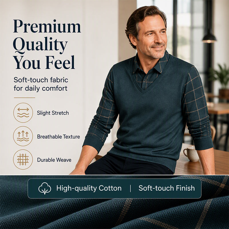Men's Casual Plaid Fake 2-Piece Knit Top