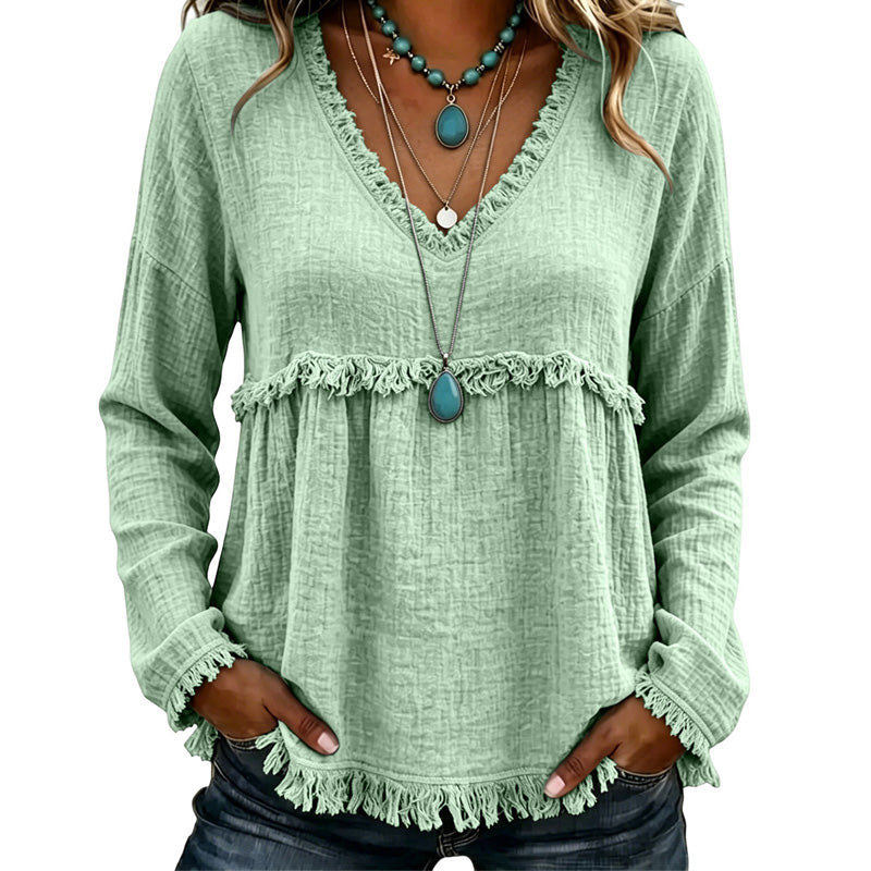 Bestseller🏆👚 Tassel V-Neck Blouse – Timeless Silhouette & All-Day Comfort for Every Look