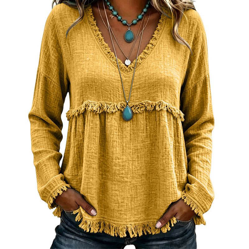 Bestseller🏆👚 Tassel V-Neck Blouse – Timeless Silhouette & All-Day Comfort for Every Look
