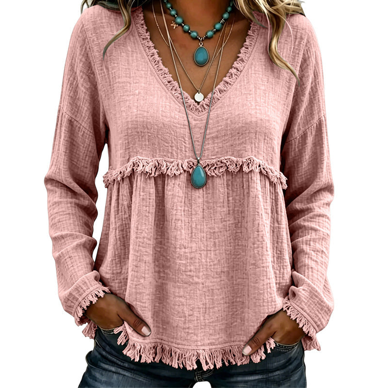 Bestseller🏆👚 Tassel V-Neck Blouse – Timeless Silhouette & All-Day Comfort for Every Look