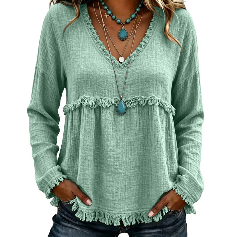 Bestseller🏆👚 Tassel V-Neck Blouse – Timeless Silhouette & All-Day Comfort for Every Look