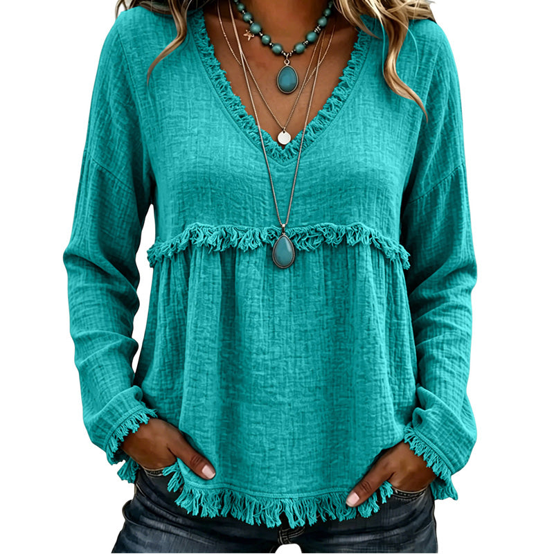 Bestseller🏆👚 Tassel V-Neck Blouse – Timeless Silhouette & All-Day Comfort for Every Look