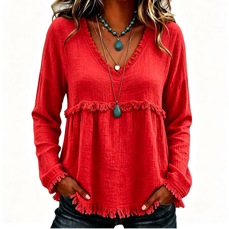 Bestseller🏆👚 Tassel V-Neck Blouse – Timeless Silhouette & All-Day Comfort for Every Look