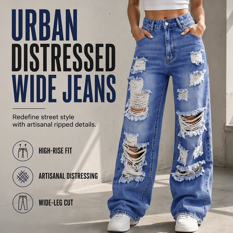 Bestseller🏆👖 Distressed Wide‑Leg Denim Pants – Conceal Leg Shape Imperfections & Durable Craftsmanship for Modern Street Look
